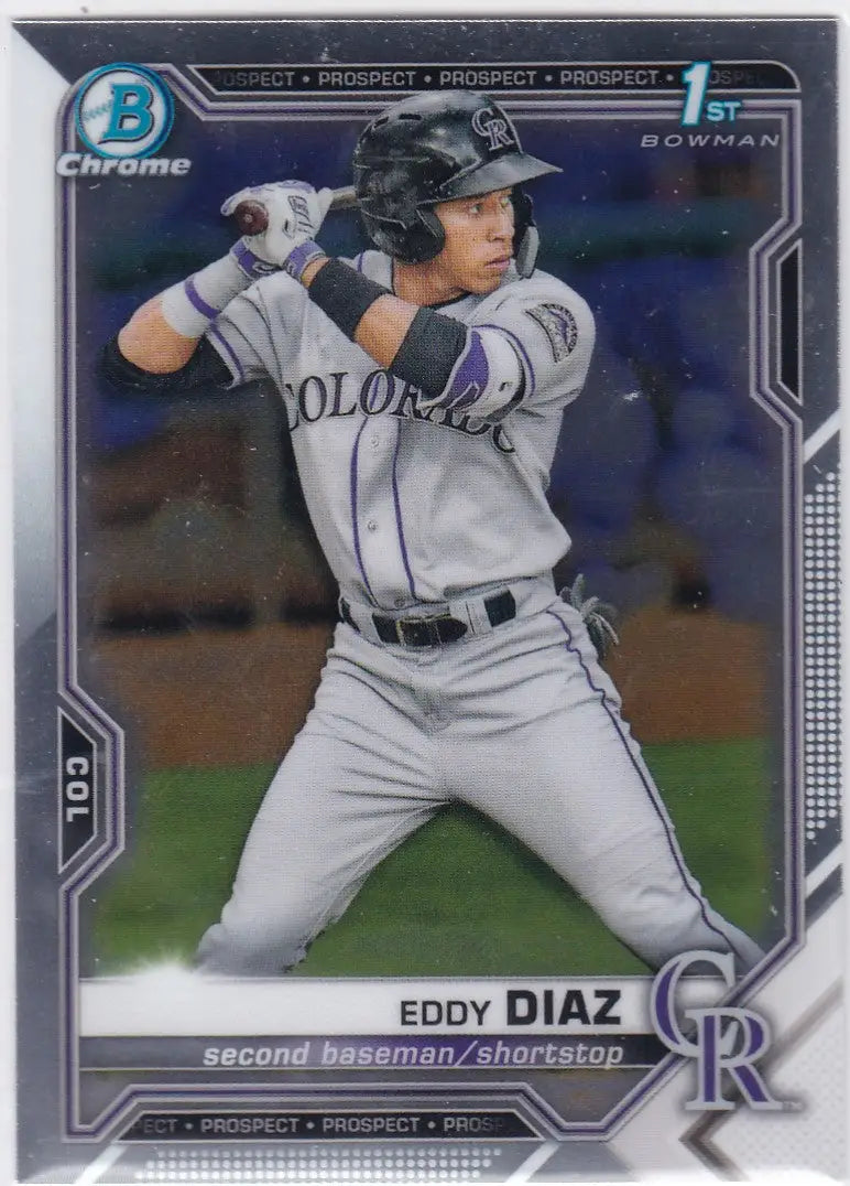 Baseball card of Eddy Diaz in gray road uniform, Colorado Rockies 1st Bowman