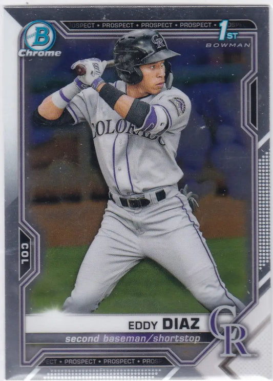 Baseball card of Eddy Diaz in gray road uniform, Colorado Rockies 1st Bowman