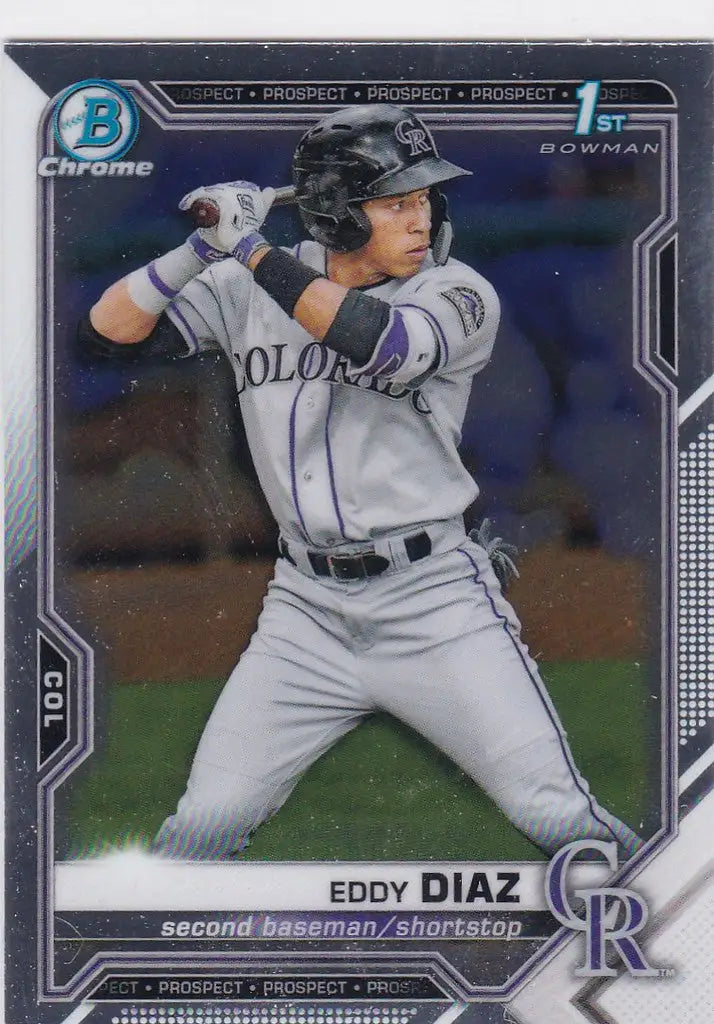 Baseball card of Eddy Diaz in batting stance for Colorado Rockies trading cards