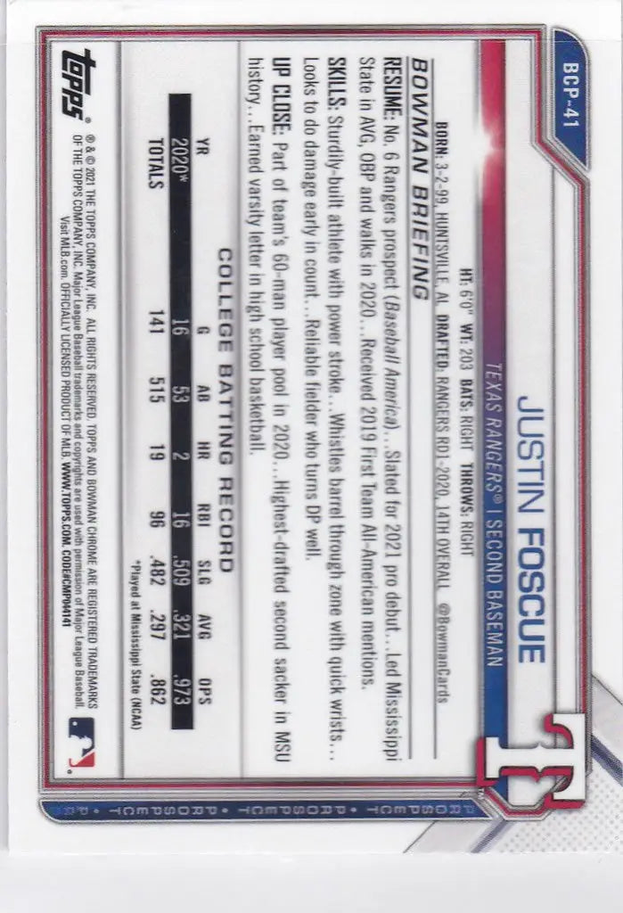 2021 Bowman Chrome #BCP-41 Justin Foscue Colorado Rockies
