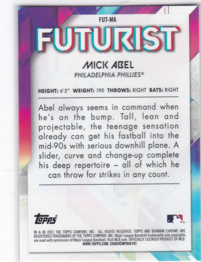 2021 Bowman Chrome #BCP-42 Mick Abel Bowman 1st Philadelphia Phillies