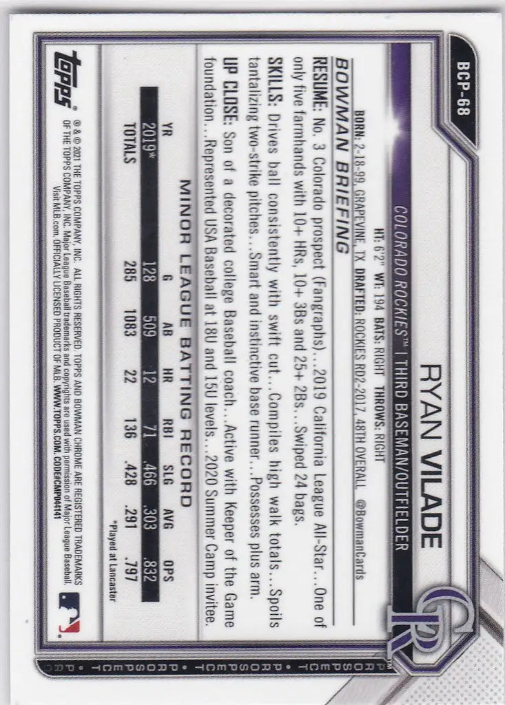 2021 Bowman Chrome #BCP-68 Ryan Vilade Colorado Rockies