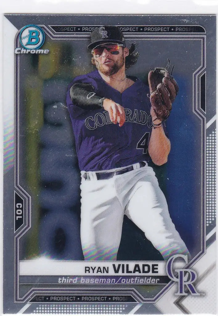Baseball card of Ryan Vilade in pitching stance for Colorado Rockies trading cards