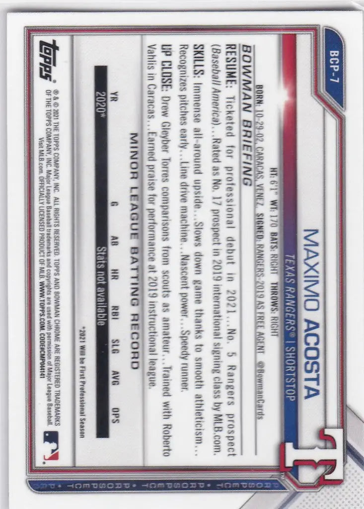 2021 Bowman Chrome #BCP-7 Maximo Acosta Bowman 1st Texas Rangers