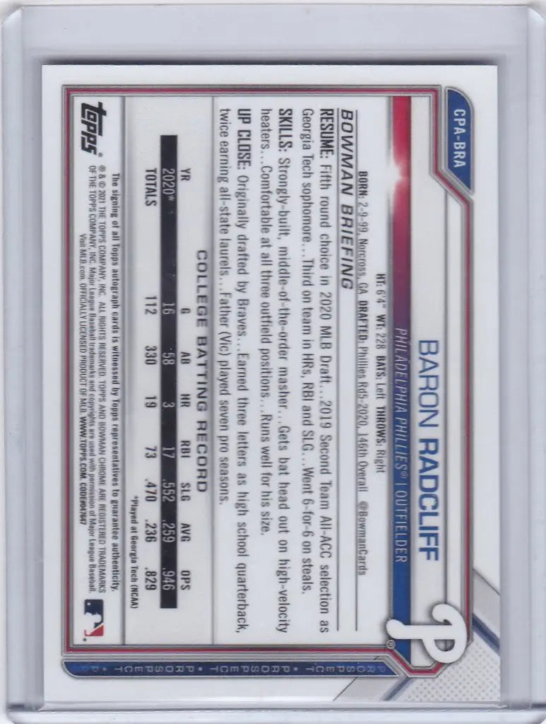 2021 Bowman Chrome #CPA-BRA Baron Radcliff 1st Bowman Auto Philadelphia Phillies