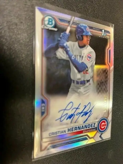 Signed Cristian Hernandez baseball card from 2021 Bowman Chrome Cristian Refractor /499