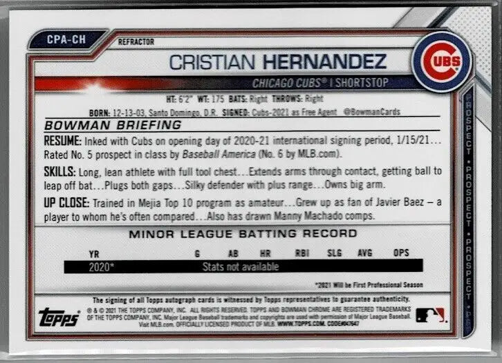 2021 Bowman Chrome Cristian Hernandez Refractor Auto Autograph Cubs #CPA-CH Card