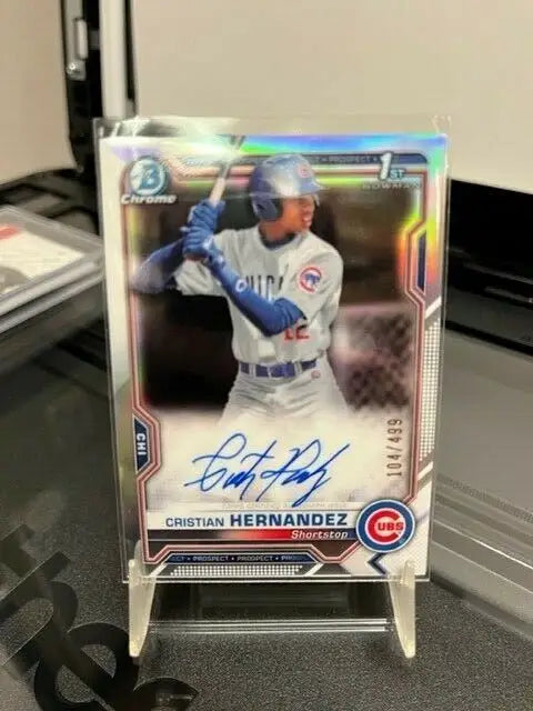 Bowman Chrome Cristian Hernandez Refractor Auto Autograph card displayed for sale