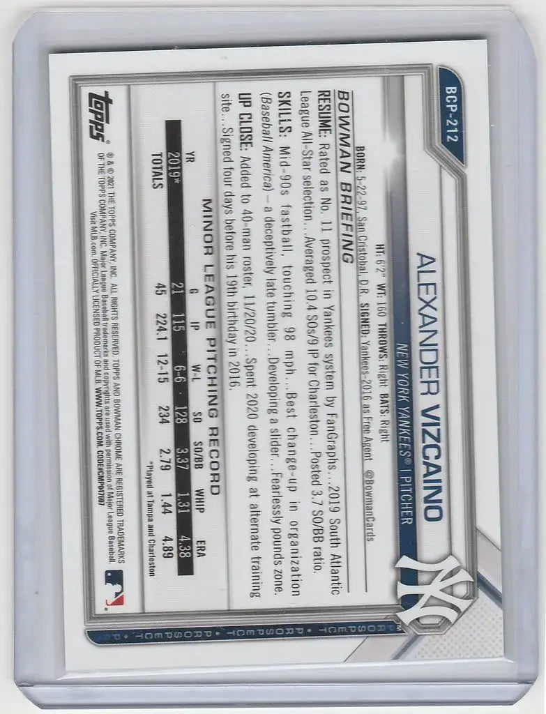 2021 Bowman Chrome Green Shimmer #BCP-212 Alexander Vizcaino New York Yankees 50/99