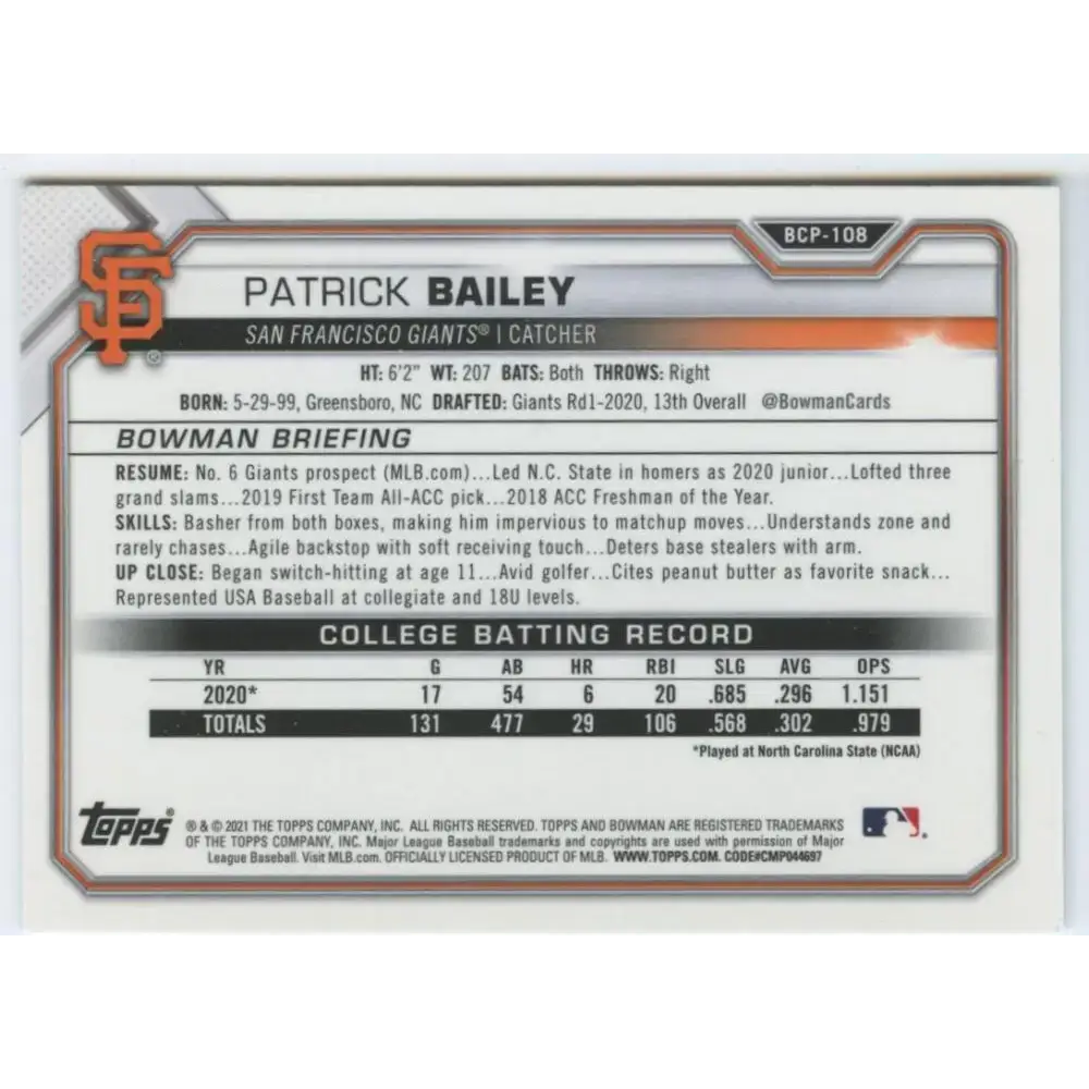 2021 Bowman Chrome Mega Box Mojo Refractor #BCP-108 Patrick Bailey NM-MT San Francisco Giants Baseball Card