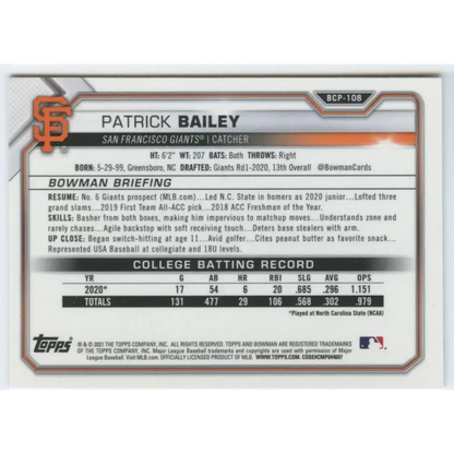 2021 Bowman Chrome Mega Box Mojo Refractor #BCP-108 Patrick Bailey NM-MT San Francisco Giants Baseball Card