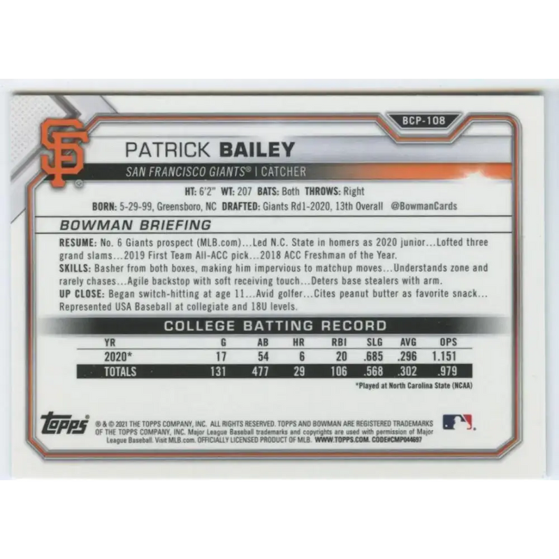 2021 Bowman Chrome Mega Box Mojo Refractor #BCP-108 Patrick Bailey NM-MT San Francisco Giants Baseball Card - Baseball