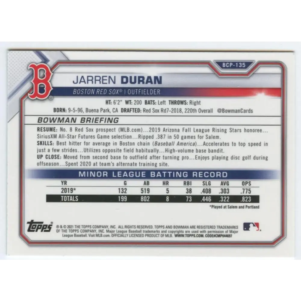 2021 Bowman Chrome Mega Box Mojo Refractor #BCP-135 Jarren Duran NM-MT Boston Red Sox Baseball Card Image 2