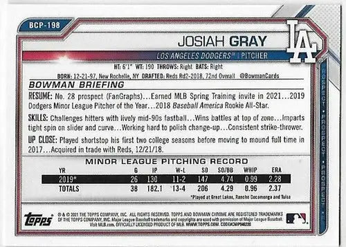 2021 Bowman Chrome Mega Box Mojo Refractor #BCP-198 Josiah Gray NM-MT Dodgers - Baseball Card Single