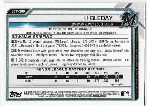 2021 Bowman Chrome JJ Bleday baseball card with original gloss in Mega Box Mojo Refractor