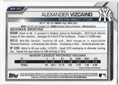 Baseball card back featuring Bowman Chrome Mojo Refractor Alexander Vizcaino with original gloss