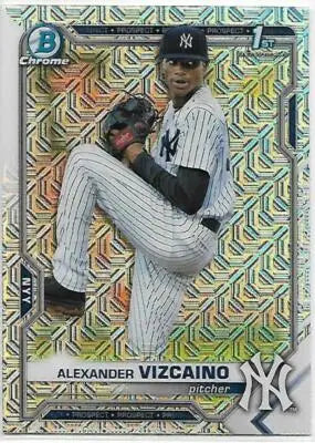Baseball card featuring pitcher Alexander Vizcaino from Bowman Chrome 2021 Mega Box Mojo Refractor