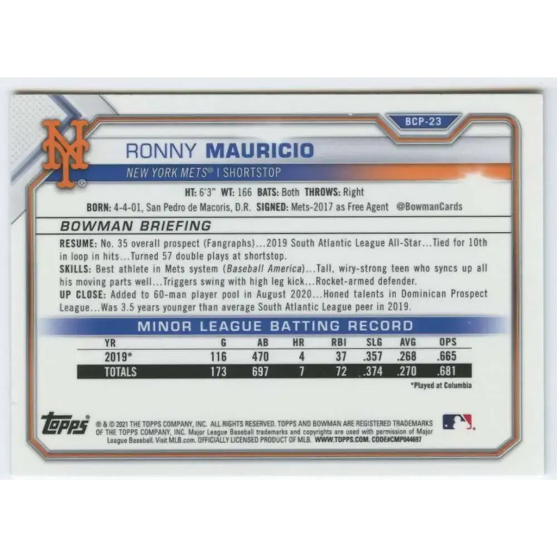 2021 Bowman Chrome Mega Box Mojo Refractor #BCP-23 Ronny Mauricio NM-MT New York Mets Baseball Card - Baseball Card Box