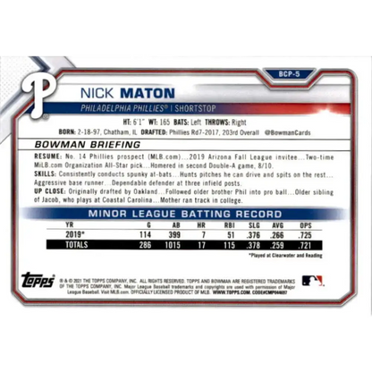 2021 Bowman Chrome Mega Box Mojo Refractor #BCP-5 Nick Maton NM-MT Philadelphia Phillies Baseball Card