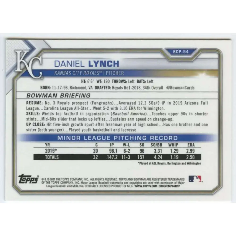 2021 Bowman Chrome Mega Box Mojo Refractor #BCP-54 Daniel Lynch NM-MT Kansas City Royals Baseball Card - Baseball Card