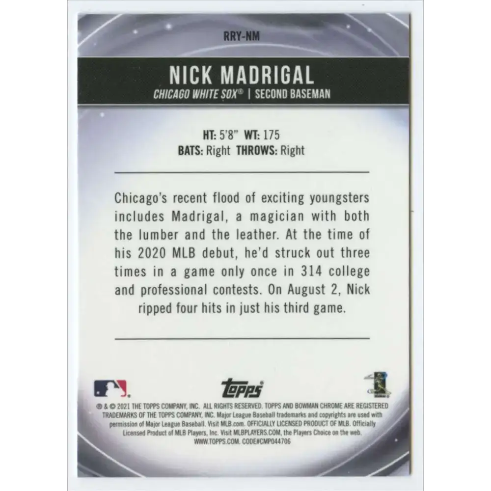2021 Bowman Chrome Mega Box Rookie of the Year Favorites Mojo Refractor #RRY-NM Nick Madrigal NM-MT Chicago White Sox