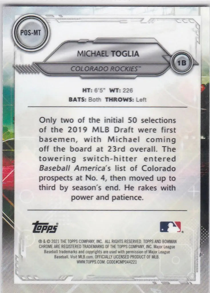 2021 Bowman Chrome #POS-MT Positional Promise Michael Toglia Colorado Rockies