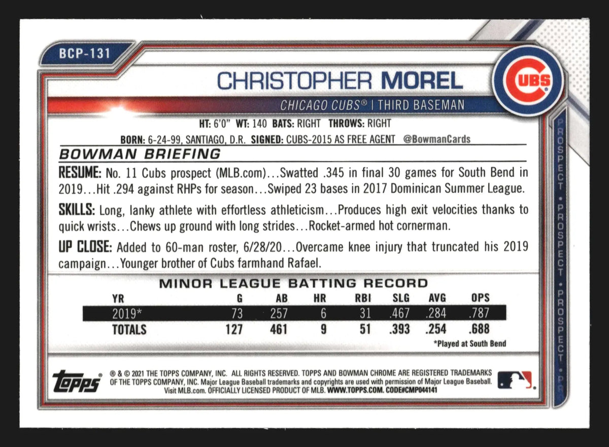 2021 Bowman Chrome Prospects #BCP-131 Christopher Morel 1st Bowman Cubs - Baseball Card Single