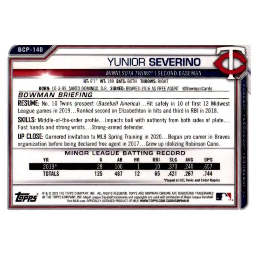 2021 Bowman Chrome Prospects #BCP-140 Yunior Severino NM-MT Minnesota Twins Baseball Card - Baseball Card Single