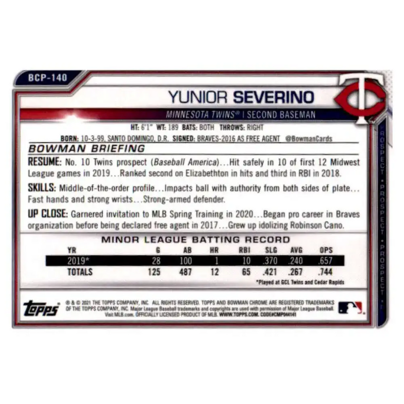 2021 Bowman Chrome Prospects #BCP-140 Yunior Severino NM-MT Minnesota Twins Baseball Card - Baseball Card Single