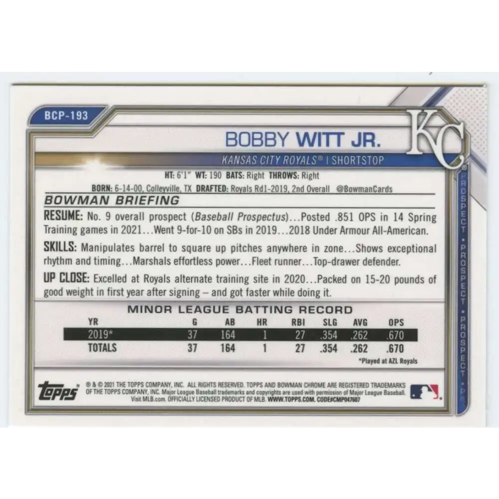 2021 Bowman Chrome Prospects #BCP-193 Bobby Witt Jr. NM-MT Kansas City Royals Baseball Card - Baseball Card Single