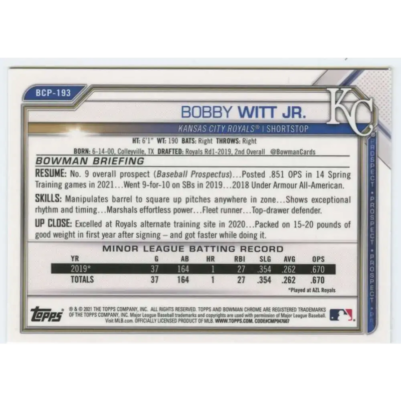 2021 Bowman Chrome Prospects #BCP-193 Bobby Witt Jr. NM-MT Kansas City Royals Baseball Card - Baseball Card Single