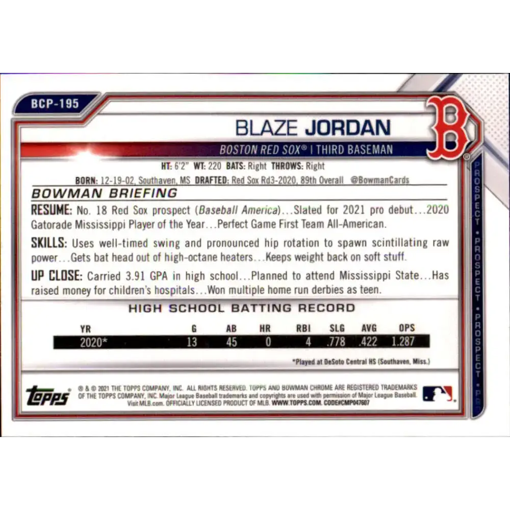 2021 Bowman Chrome Prospects #BCP-195 Blaze Jordan NM-MT Boston Red Sox Baseball Card - Baseball Card Single