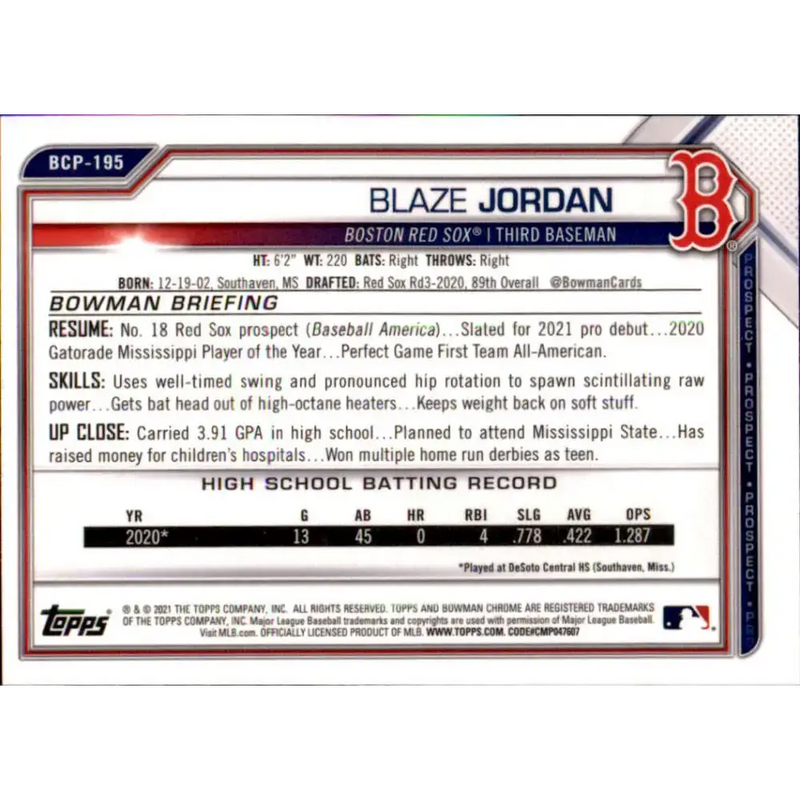 2021 Bowman Chrome Prospects #BCP-195 Blaze Jordan NM-MT Boston Red Sox Baseball Card - Baseball Card Single