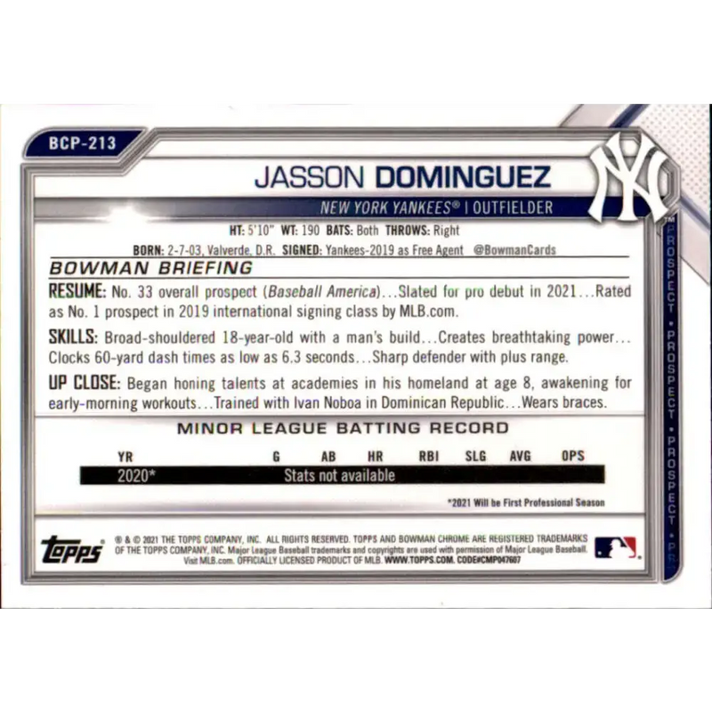 2021 Bowman Chrome Prospects #BCP-213 Jasson Dominguez NM-MT New York Yankees Baseball Card - Baseball Card Single