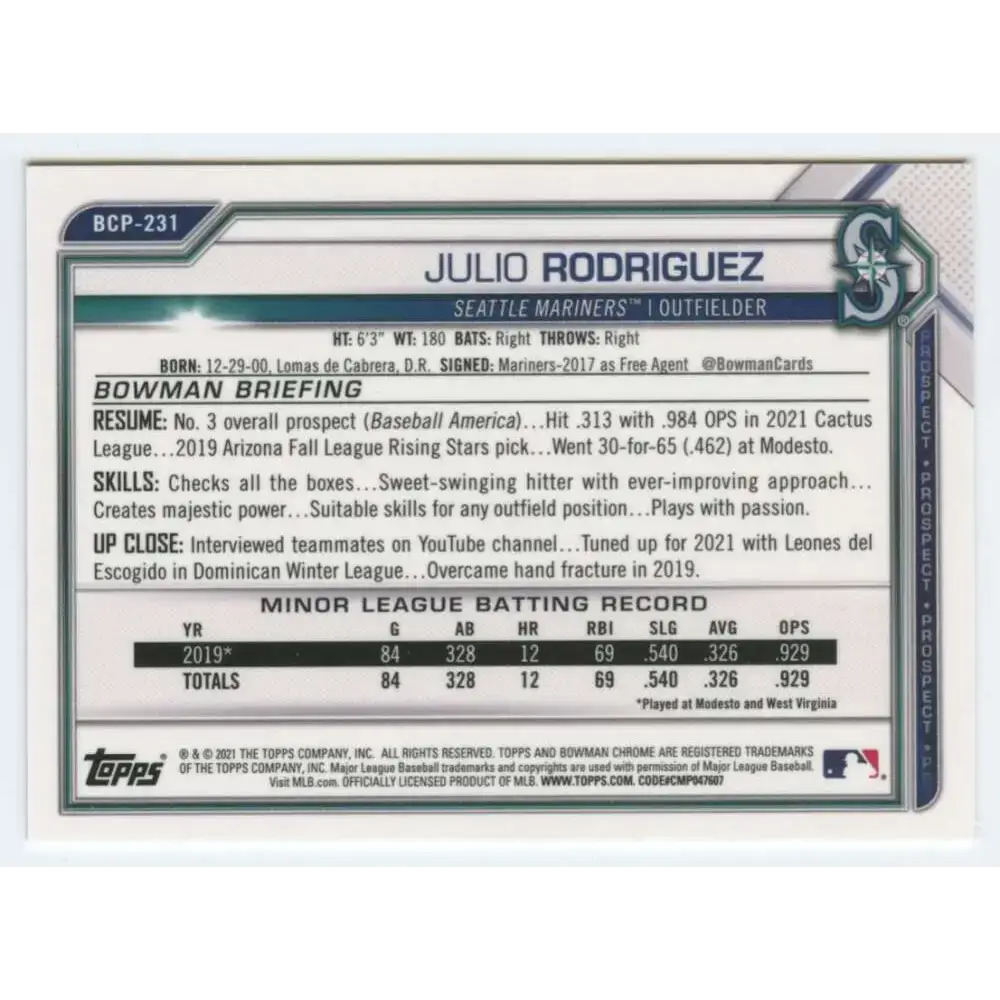 2021 Bowman Chrome Prospects #BCP-231 Julio Rodriguez NM-MT Seattle Mariners Baseball Card - Baseball Card Single