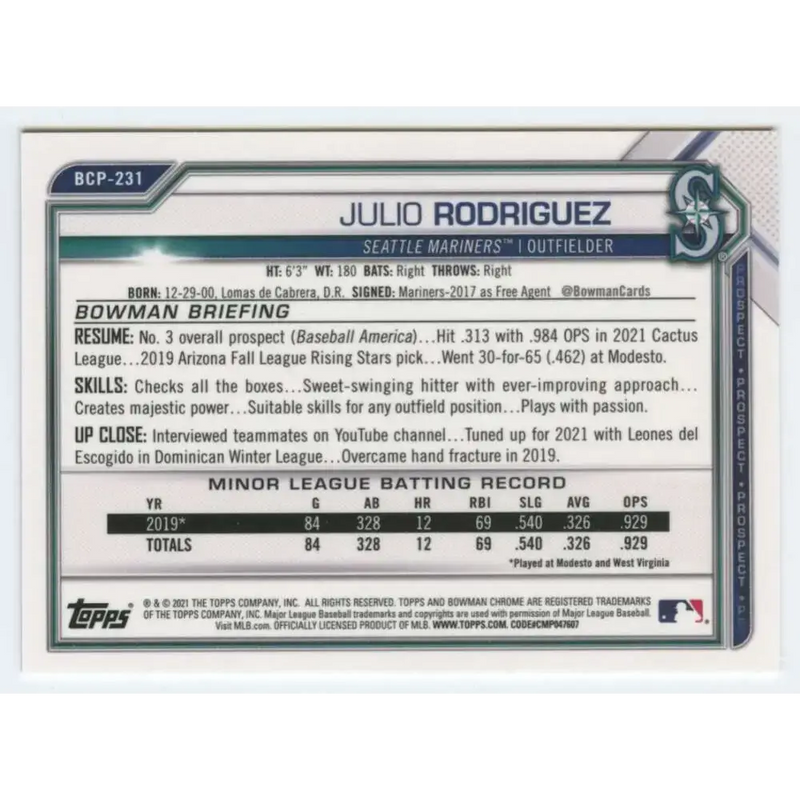 2021 Bowman Chrome Prospects #BCP-231 Julio Rodriguez NM-MT Seattle Mariners Baseball Card - Baseball Card Single