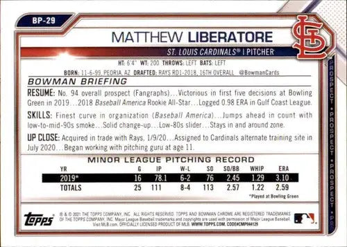 2021 Bowman Chrome Prospects Matthew Liberatore card back showcasing Cardinals ID 46178