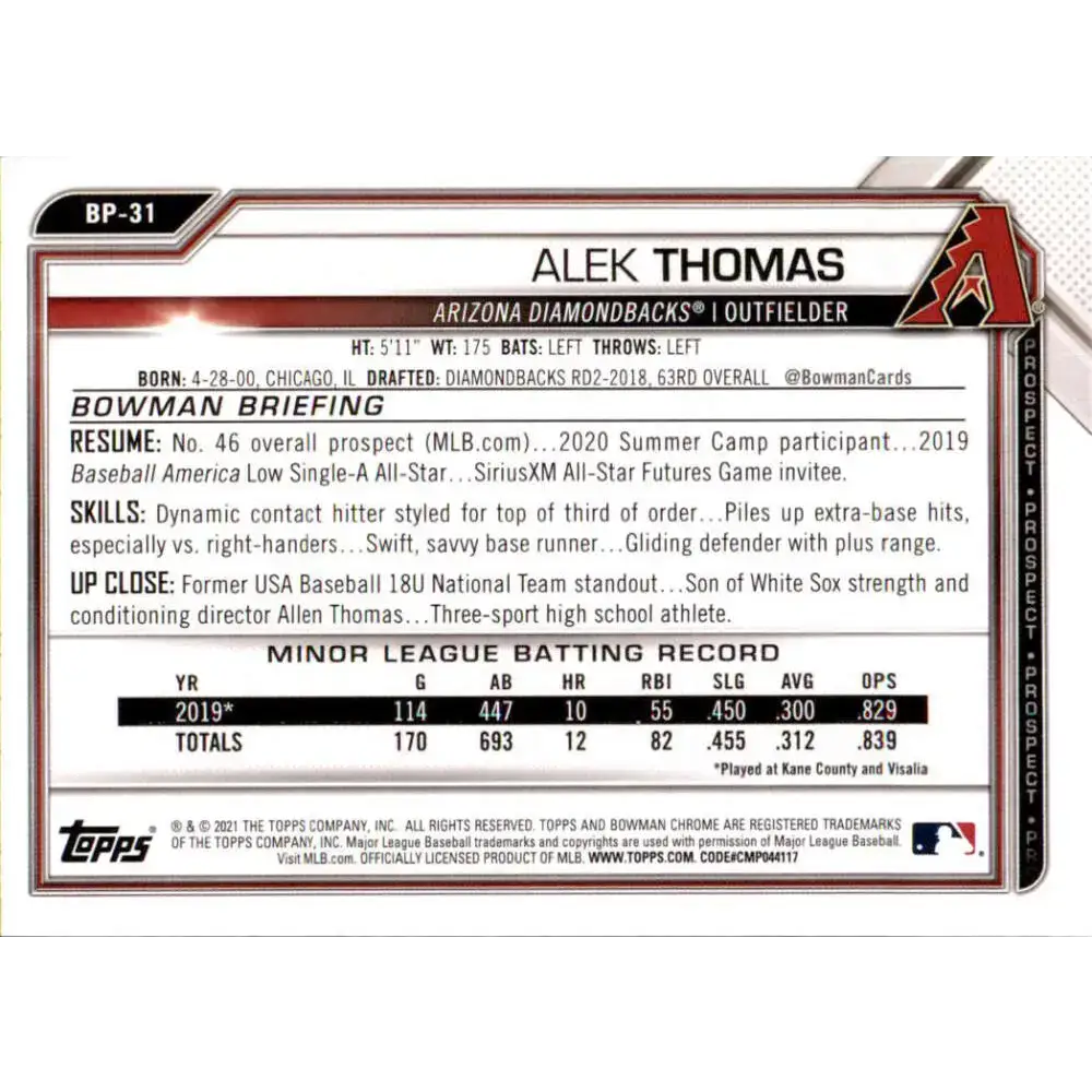 2021 Bowman Chrome Prospects #BCP-31 Alek Thomas NM-MT Arizona Diamondbacks Baseball Card - Baseball Card Single