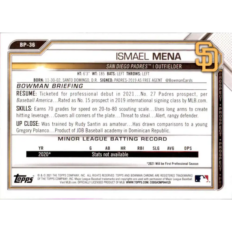 2021 Bowman Chrome Prospects #BCP-36 Ismael Mena NM-MT San Diego Padres Baseball Card - Baseball Card Single