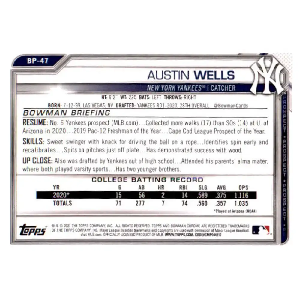 2021 Bowman Chrome Prospects #BCP-47 Austin Wells NM-MT New York Yankees Baseball Card - Baseball Card Single