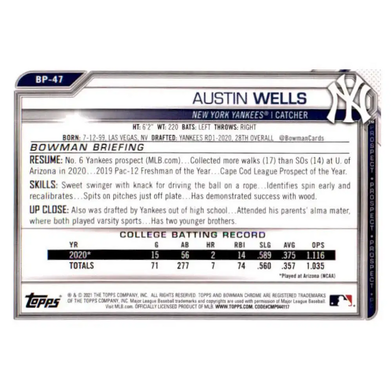 2021 Bowman Chrome Prospects #BCP-47 Austin Wells NM-MT New York Yankees Baseball Card - Baseball Card Single