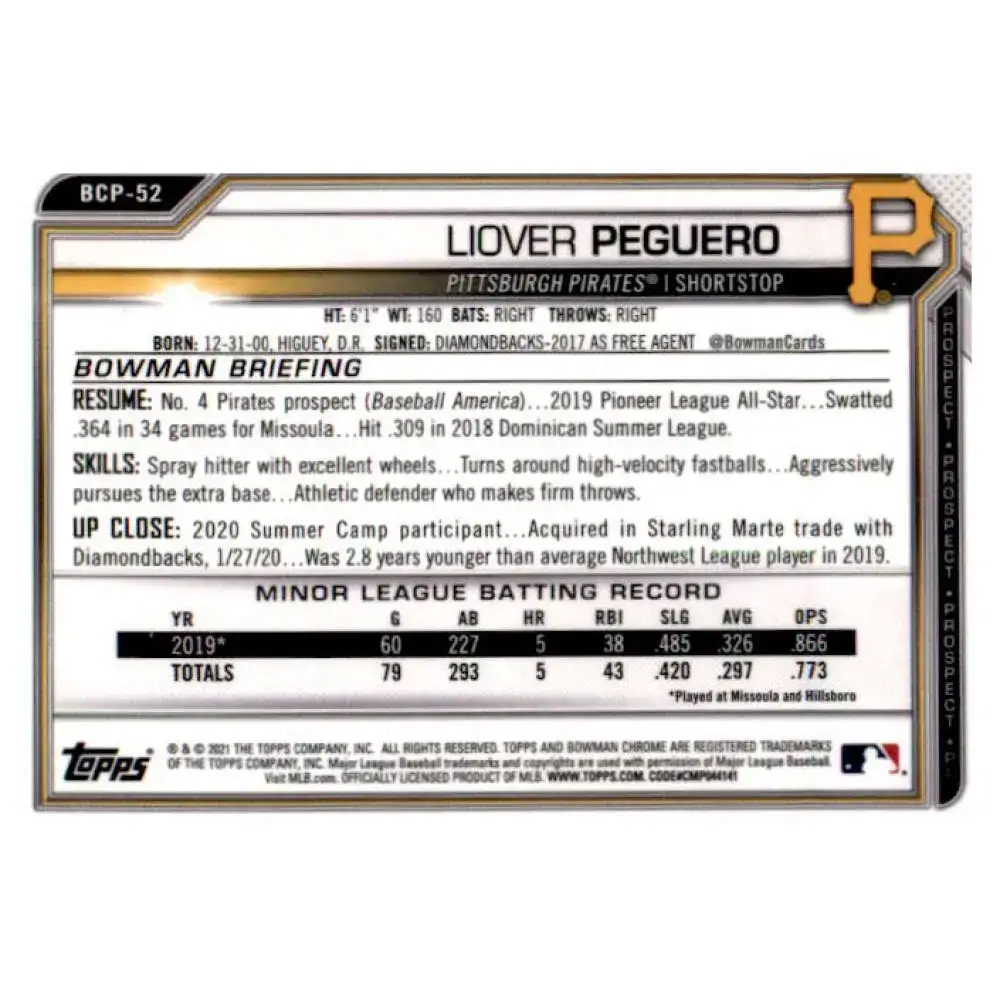 2021 Bowman Chrome Prospects #BCP-52 Liover Peguero NM-MT Pittsburgh Pirates Baseball Card - Baseball Card Single
