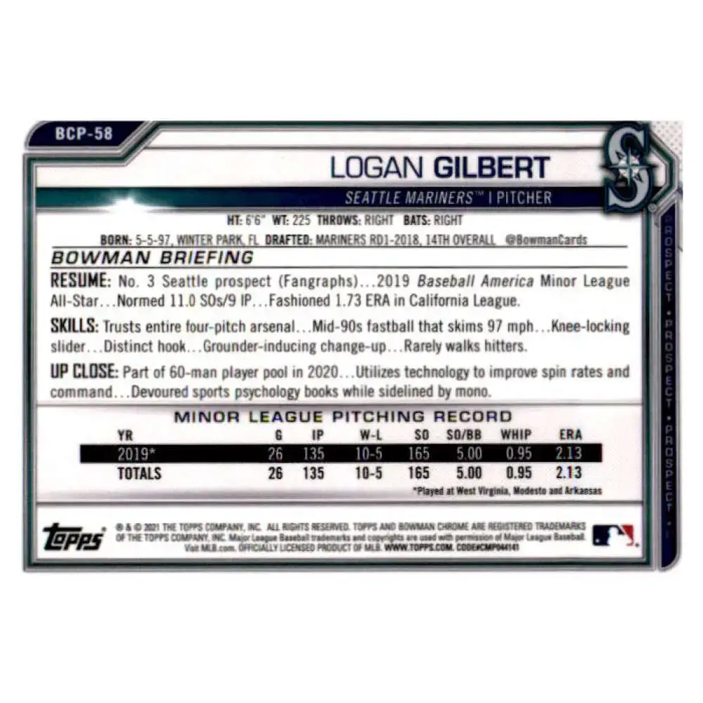 2021 Bowman Chrome Prospects #BCP-58 Logan Gilbert NM-MT Seattle Mariners Baseball Card - Baseball Card Single