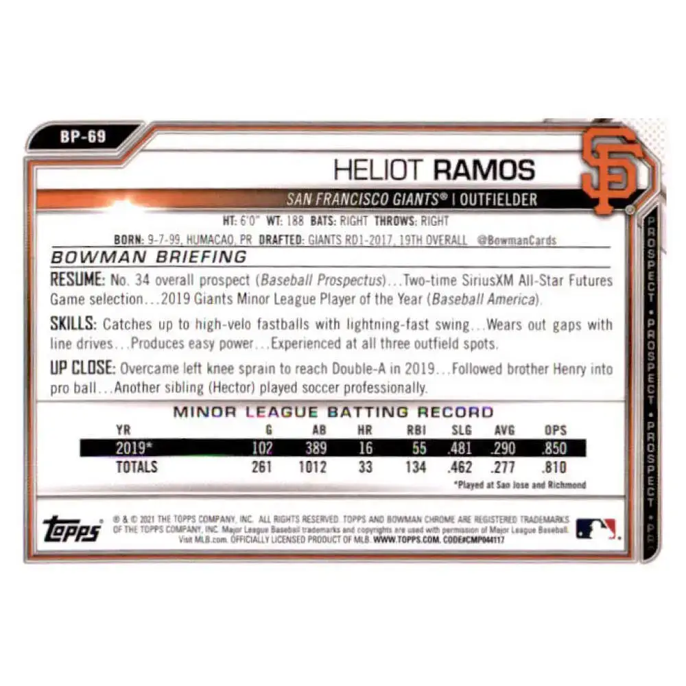 2021 Bowman Chrome Prospects #BCP-69 Heliot Ramos NM-MT San Francisco Giants Baseball Card - Baseball Card Single