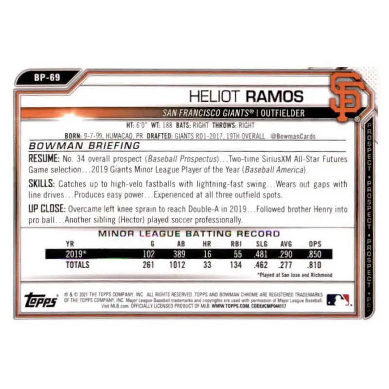 2021 Bowman Chrome Prospects #BCP-69 Heliot Ramos NM-MT San Francisco Giants Baseball Card - Baseball Card Single