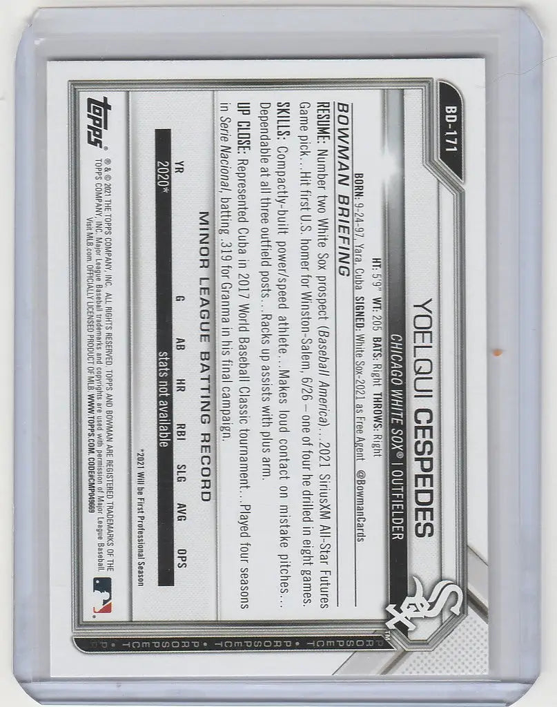 2021 Bowman Draft BD-171 Yoelqui Cespedes Chicago White Sox player statistics card