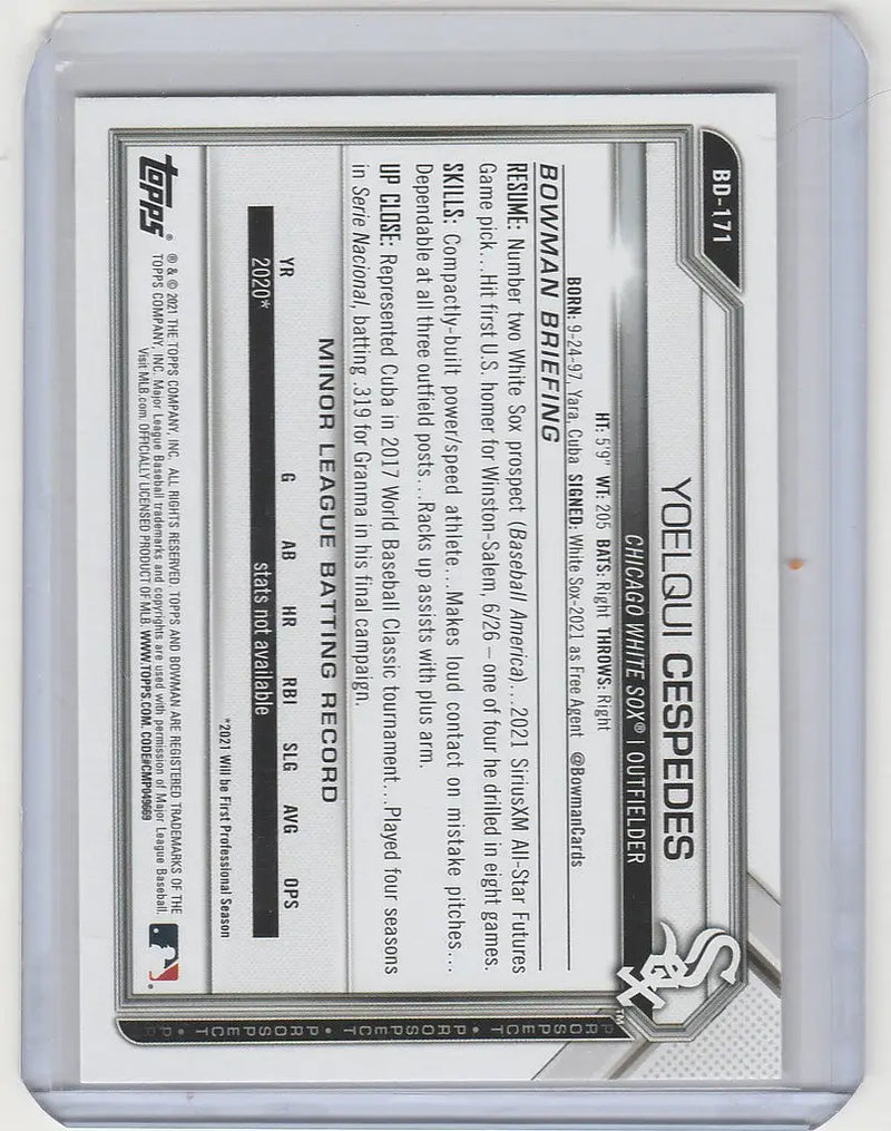 2021 Bowman Draft BD-171 Yoelqui Cespedes Chicago White Sox player statistics card