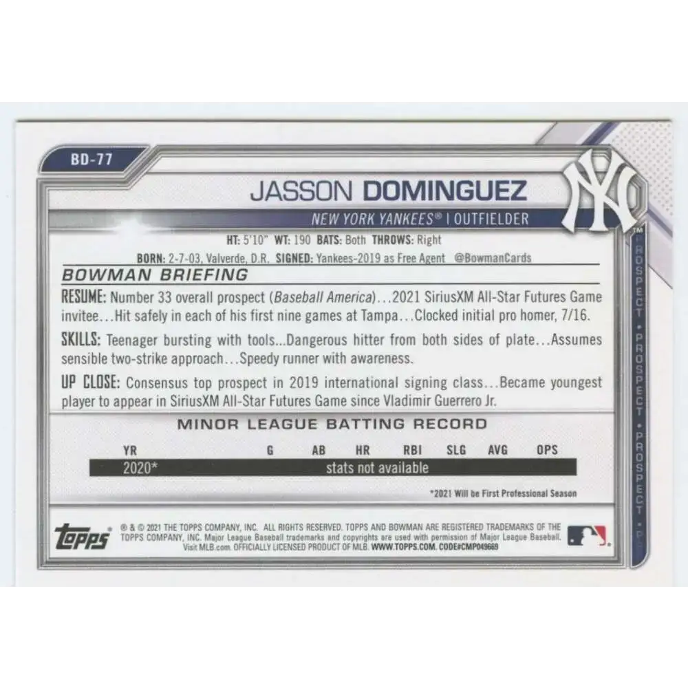 2021 Bowman Draft #BD-77 Jasson Dominguez NM-MT New York Yankees Baseball Card - Baseball Card Single