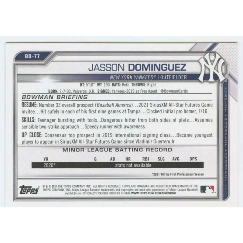 2021 Bowman Draft #BD-77 Jasson Dominguez NM-MT New York Yankees Baseball Card - Baseball Card Single