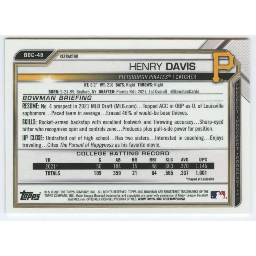 2021 Bowman Draft Chrome Refractor #BDC-48 Henry Davis NM-MT Pittsburgh Pirates Baseball Card - Baseball Card Single